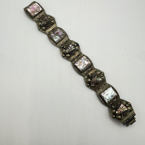 Vintage stamped Alpaca Mexico abalone shell bracelet!! - Picture 14 of 16